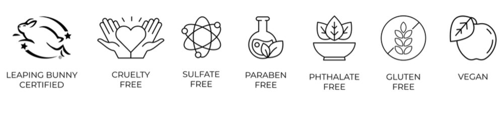 Icons representing various product certifications: Leaping Bunny Certified, Cruelty-Free, Sulfate-Free, Paraben-Free, Phthalate-Free, Gluten-Free, Vegan.