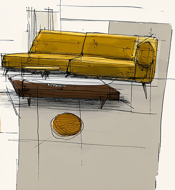 Sketch of a living room scene with a yellow sofa, a wooden coffee table, and a small round orange rug.