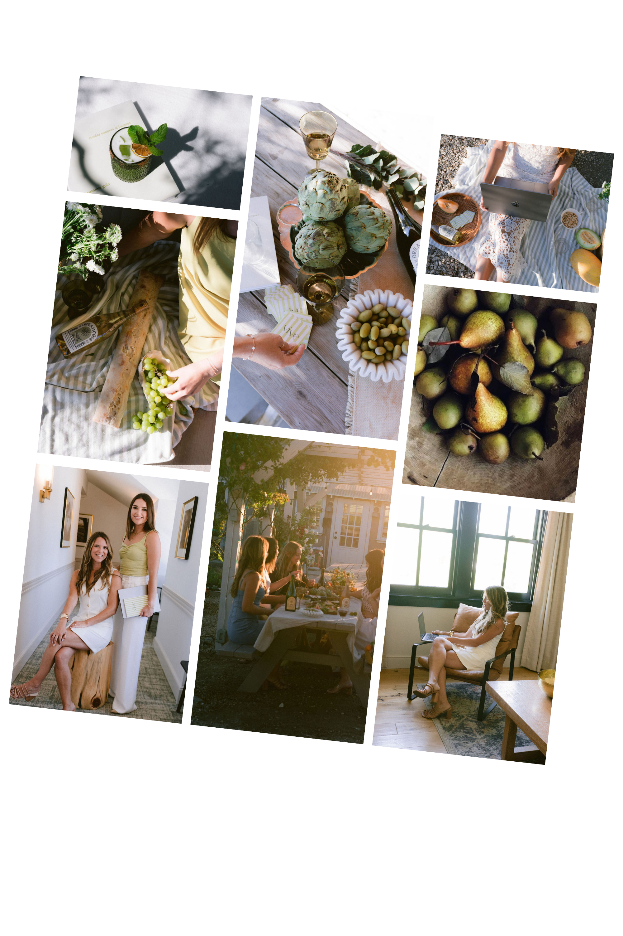 Multiple images of women at social gatherings and indoor settings, featuring food, drinks, and leisure activities.
