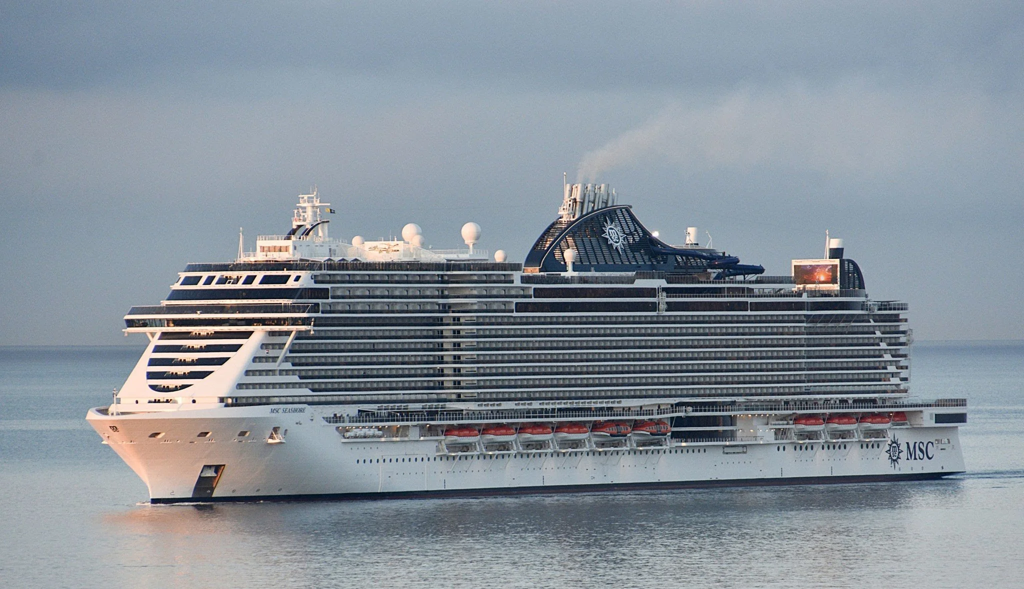 Large white MSC cruise ship sailing on calm water during daytime.