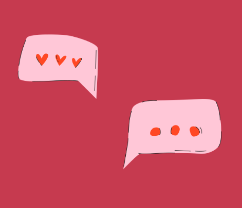 Two comic-style speech bubbles on a red background, one with three hearts and the other with three dots.