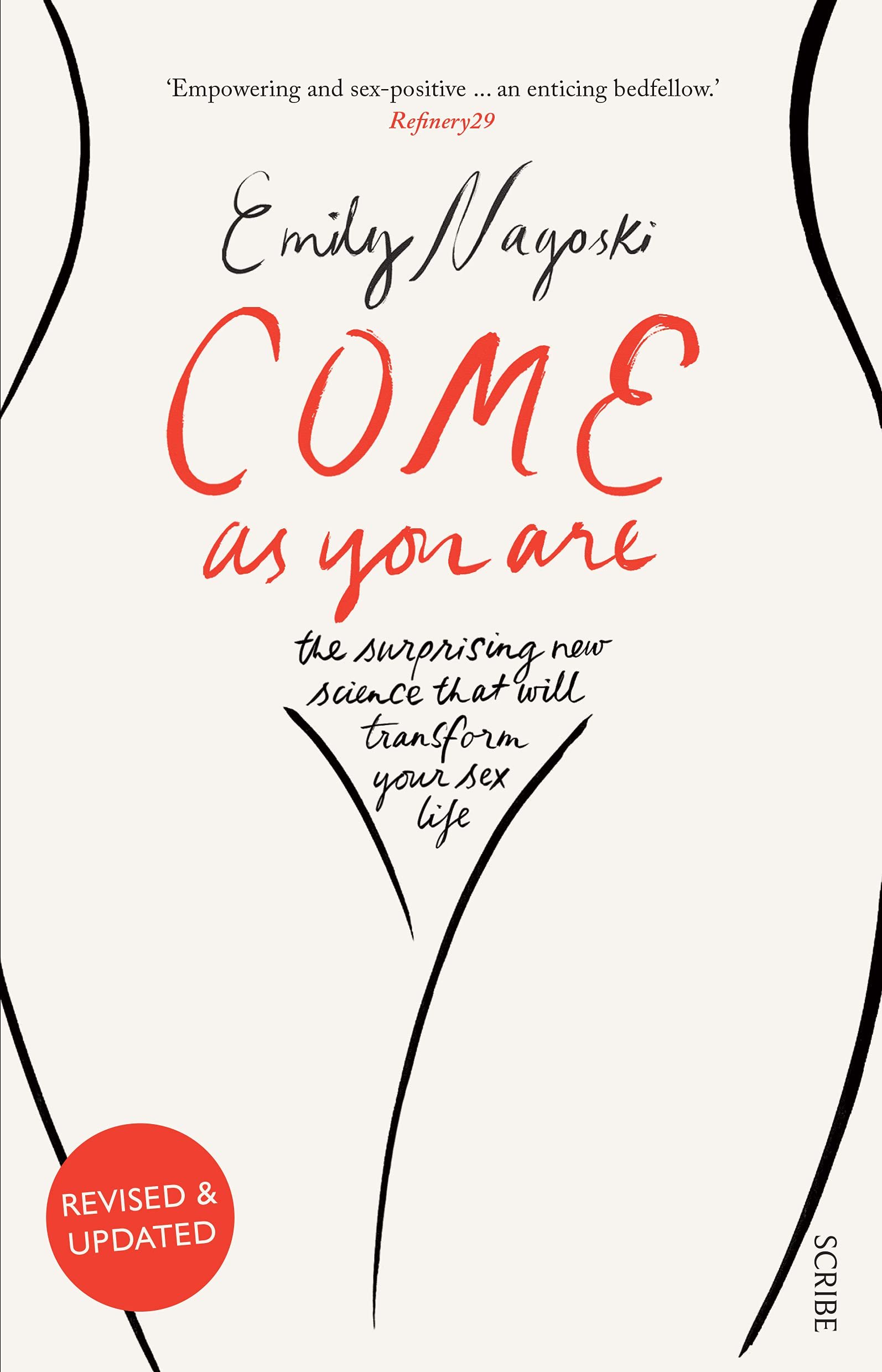 Book cover titled "Come as You Are" by Emily Nagoski, with subtitle about transforming your sex life. The cover features a minimalist illustration of a woman's body with black outlines and red accents, and a red circle indicating "Revised & Updated."
