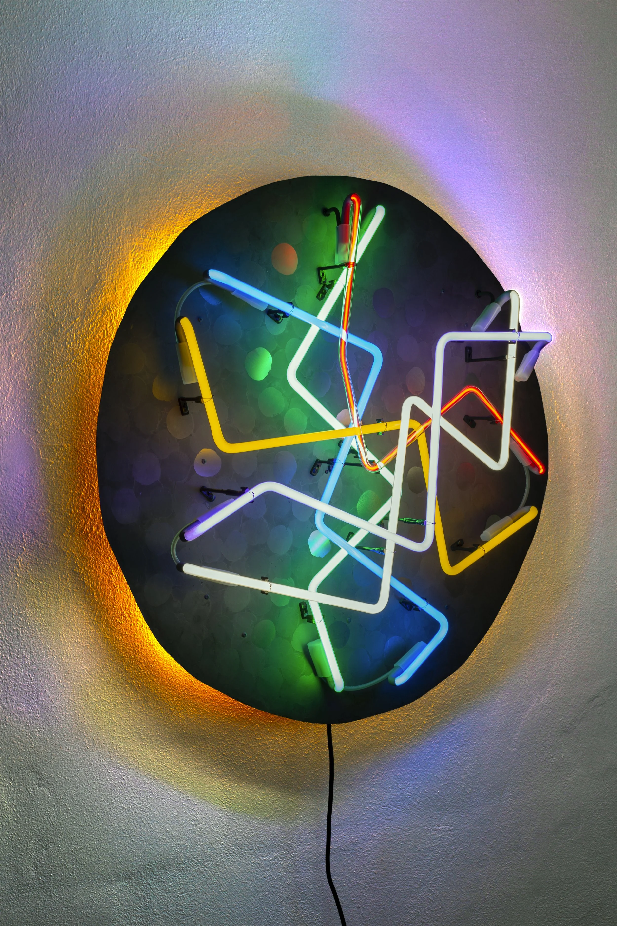 Across Time, 2025, etched mild steel plate, neon glass (side view)