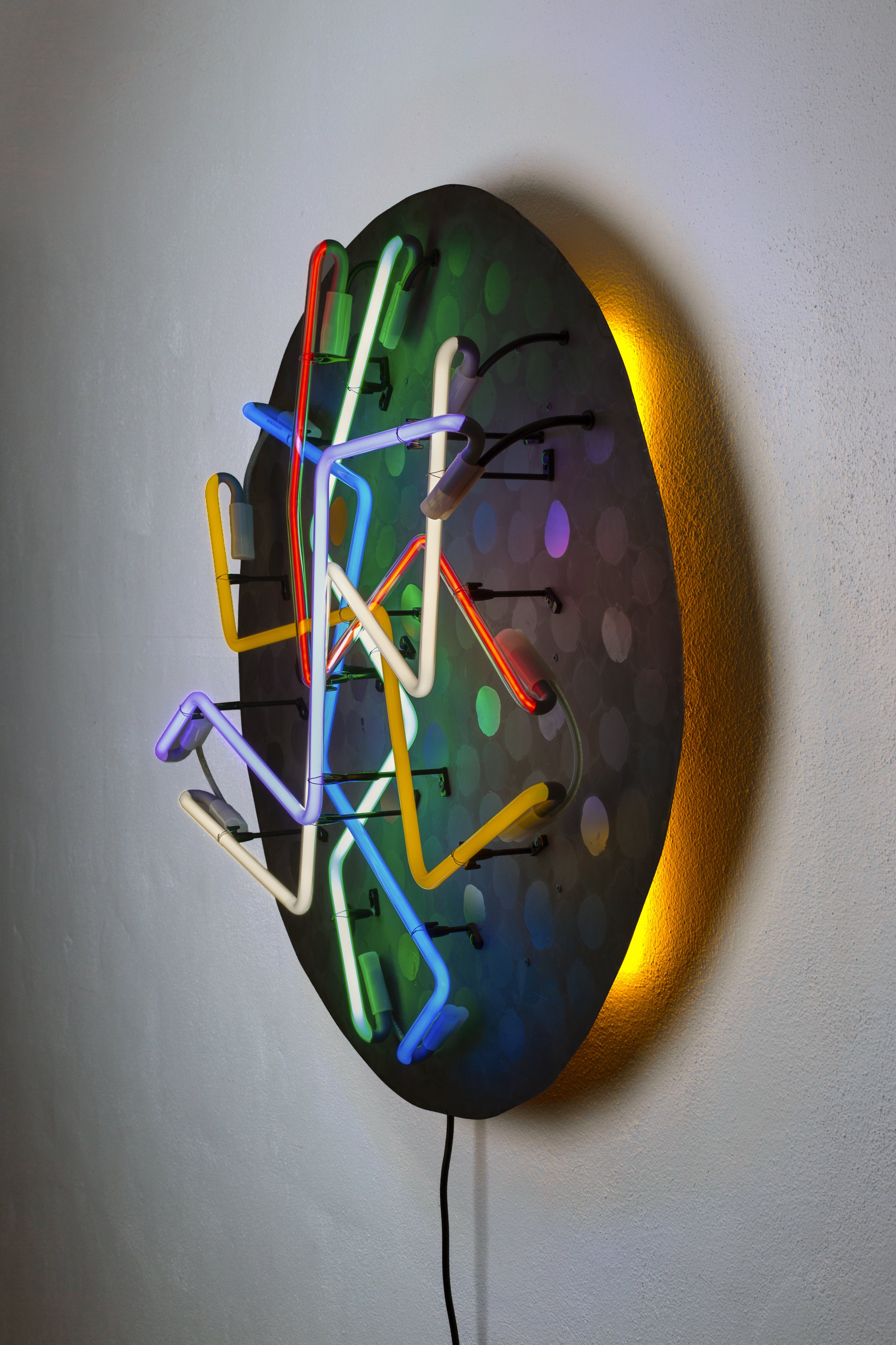 Across Time, 2025, etched mild steel plate, neon glass (side view)