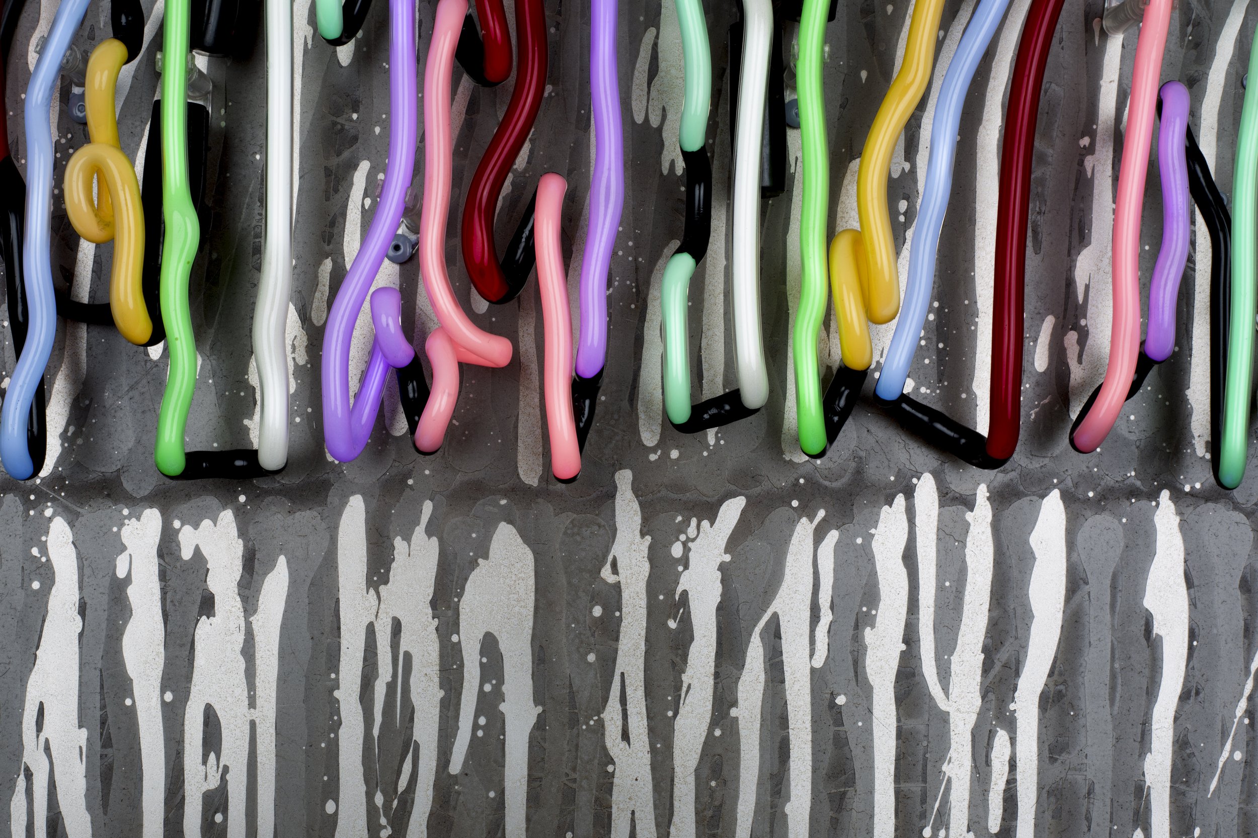 Nyitting, 2025, etched mild steel plate, neon glass (close-up view)