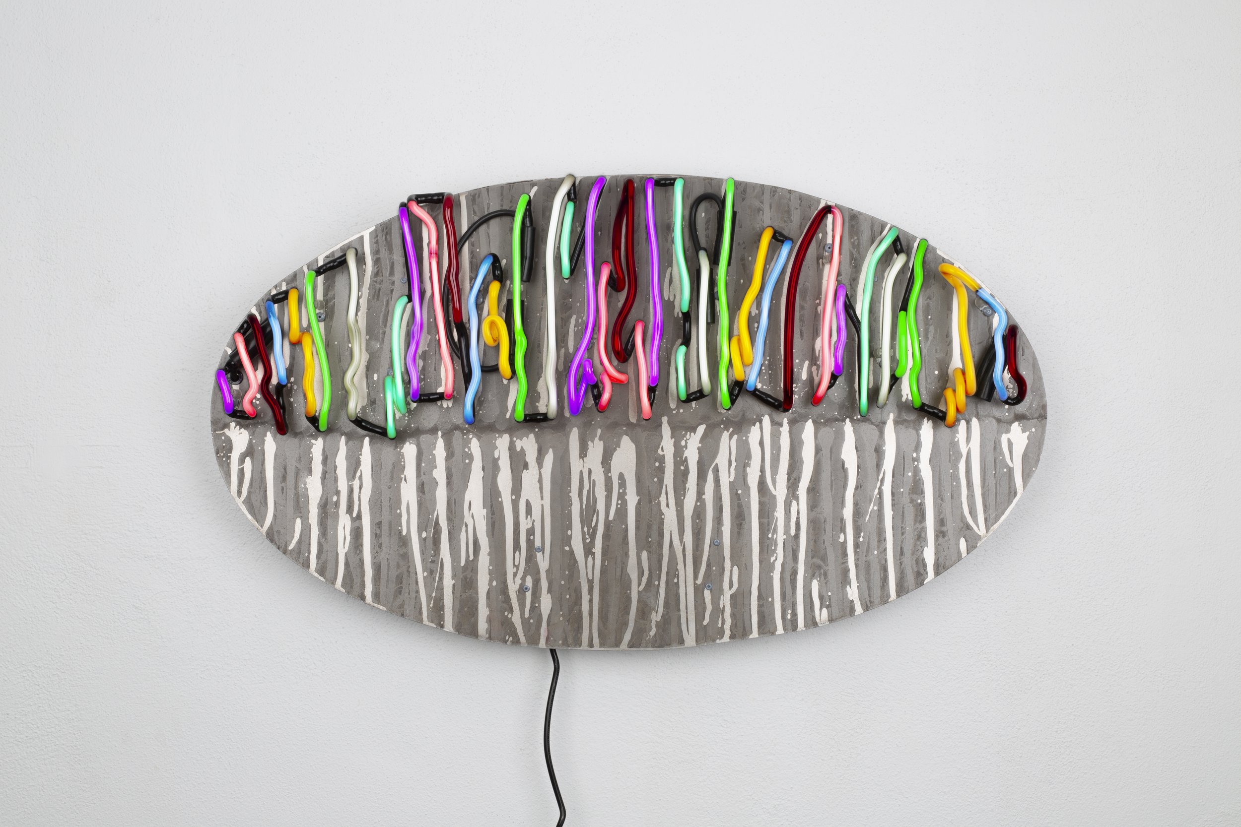 Nyitting, 2025, etched mild steel plate, neon glass