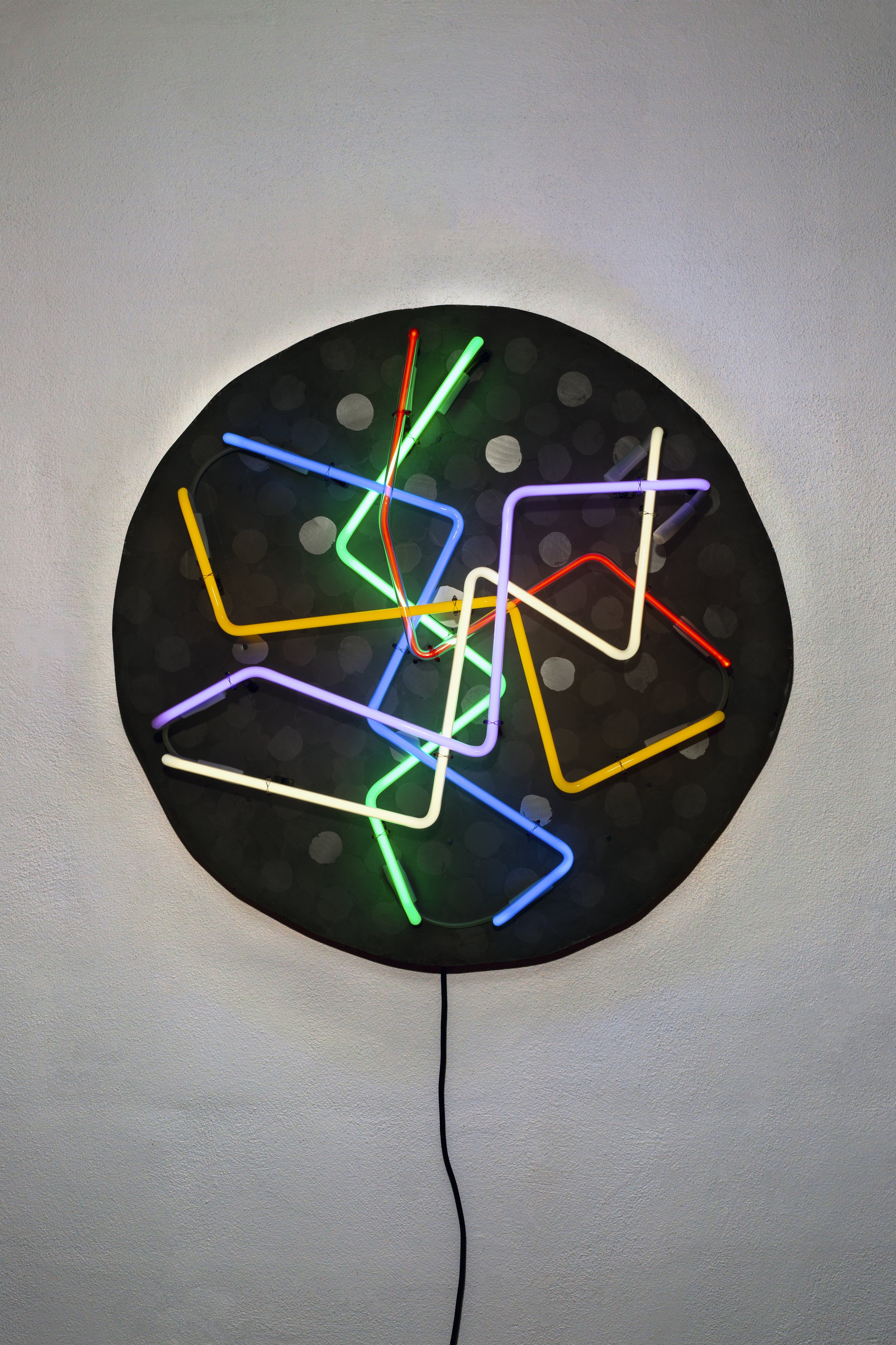 Across Time, 2025, etched mild steel plate, neon glass