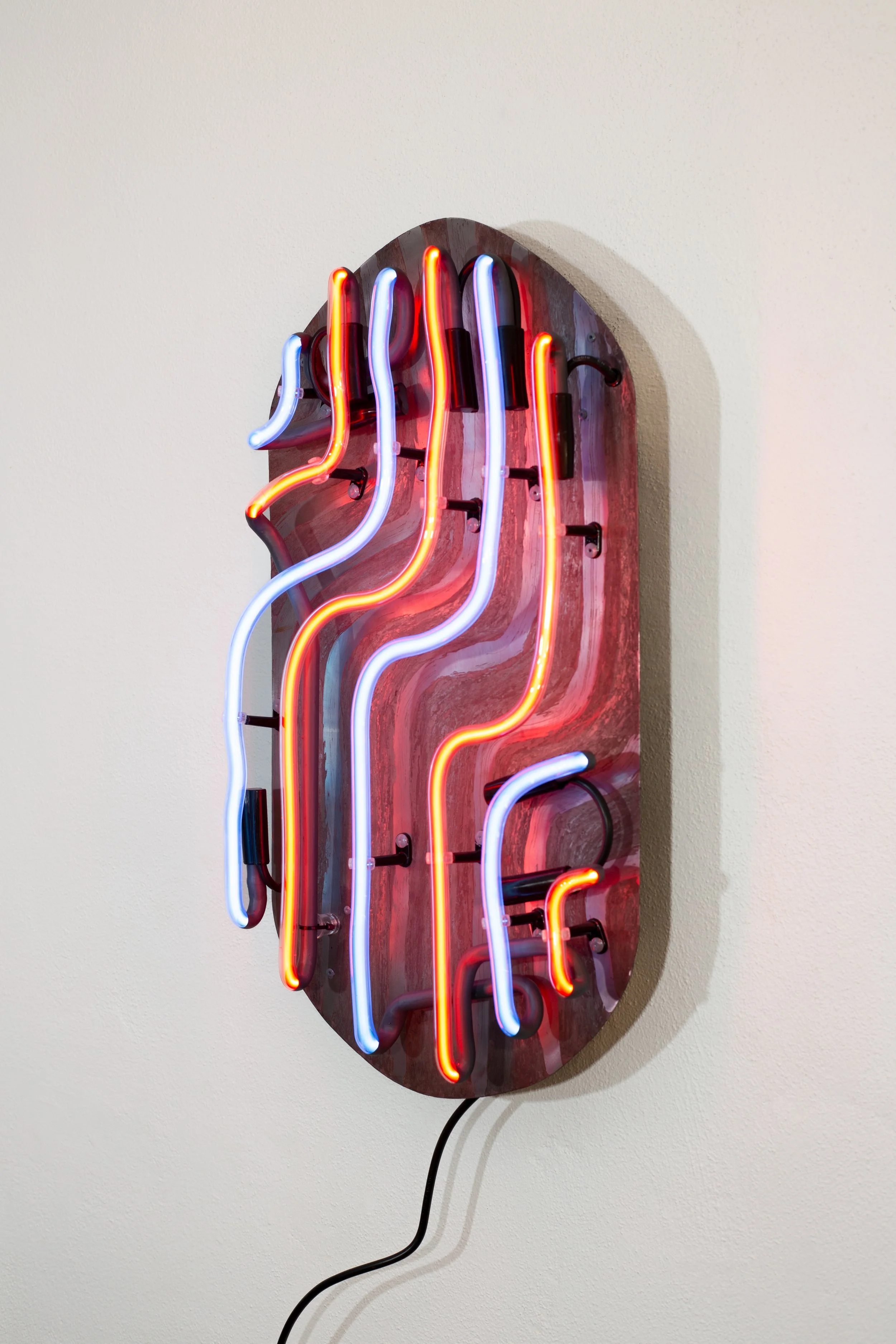 Wunda, 2026, etched mild steel plate, neon glass (side view)