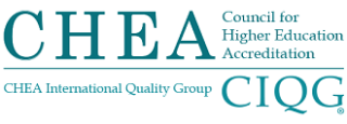 Logo of CHEA and CIQG with text indicating Council for Higher Education Accreditation and CHEA International Quality Group.
