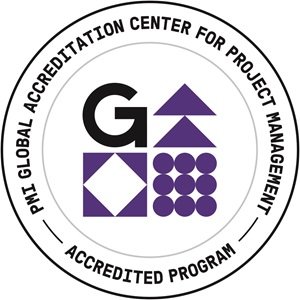 Certification seal for the Global Accreditation Center for Project Management, featuring geometric shapes and purple and black text.