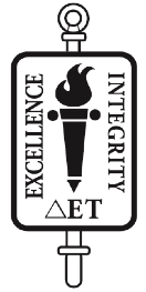 A vertical rectangular emblem with a torch symbol at the top and bottom. The torch has a flame. In the center, the words 'Excellence,' 'Integrity,' and 'Dedication' are written vertically. The Greek letter Delta (Δ) is located at the bottom.