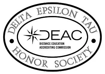 Circle logo of Delta Epsilon Tau Honor Society featuring the organization's name and the Distance Education Accrediting Commission abbreviation.