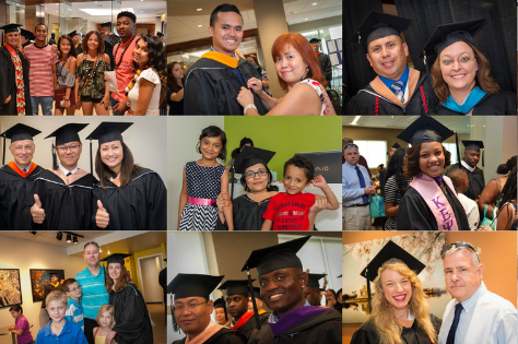 Group of graduates and family members celebrating graduation in caps and gowns, posing for photos at a ceremony.