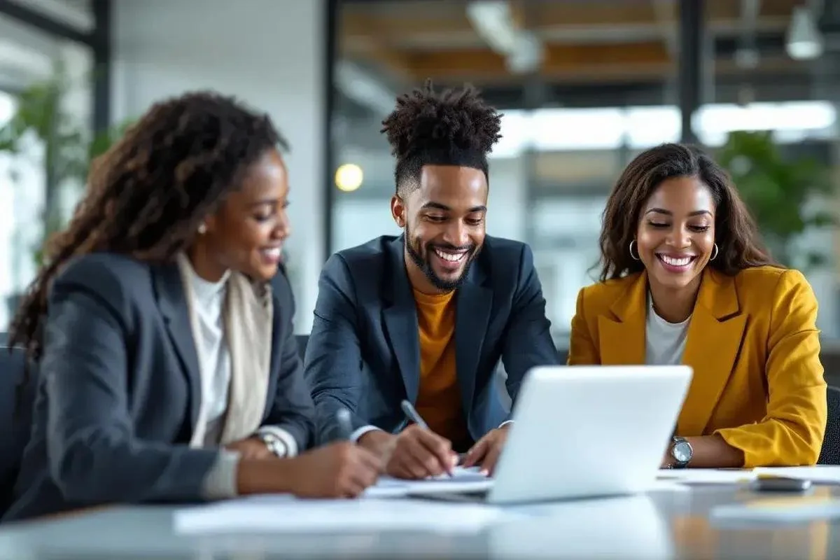 Three diverse young adults are sitting at a table in a modern office, looking at a laptop, smiling and engaging in a group discussion.