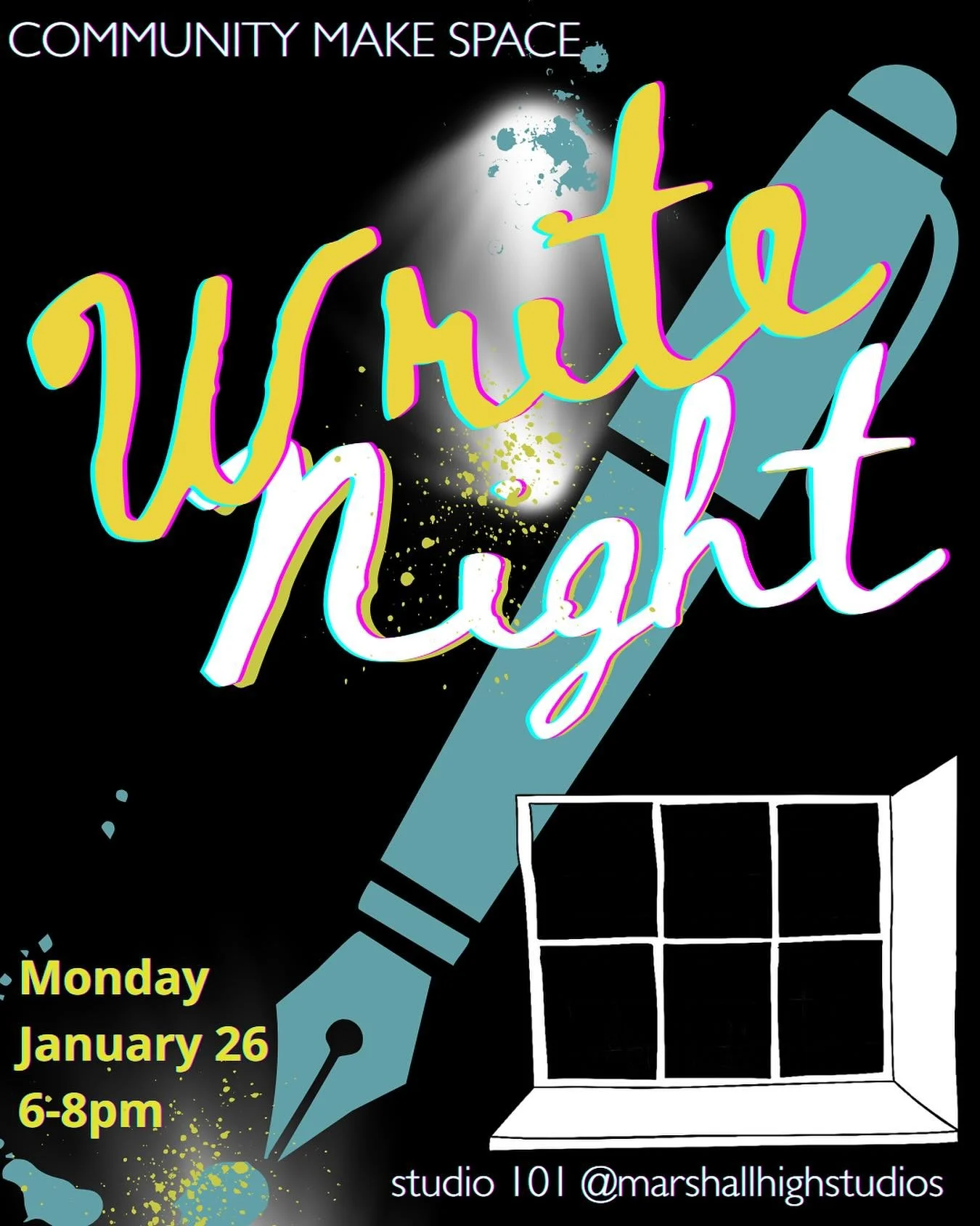 WRITE NIGHT: January 26, 6-8pm 
Join us for Write Night, a monthly community writing session built around connection rather than critique. This is a generative space for fast drafts, fragments, and half-formed thoughts.
We&rsquo;ll begin with a share