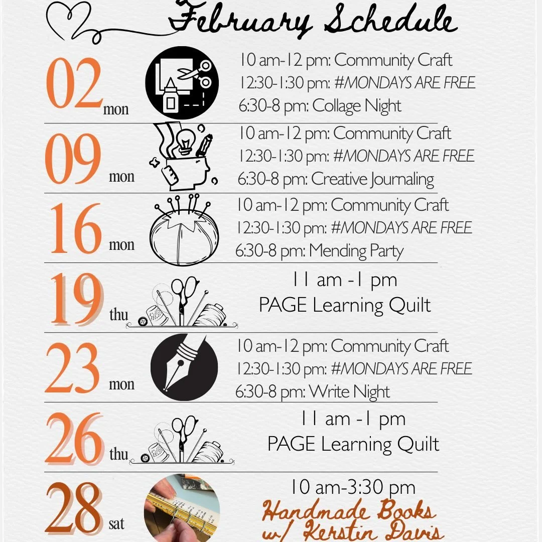 Hello everyone! We&rsquo;re excited about our upcoming workshop &mdash;our first!&mdash;on February 28th: Handmade Books with Kerstin Davis (register through the link in our bio) as well as our collaboration with @page_programs : Community Learning Q
