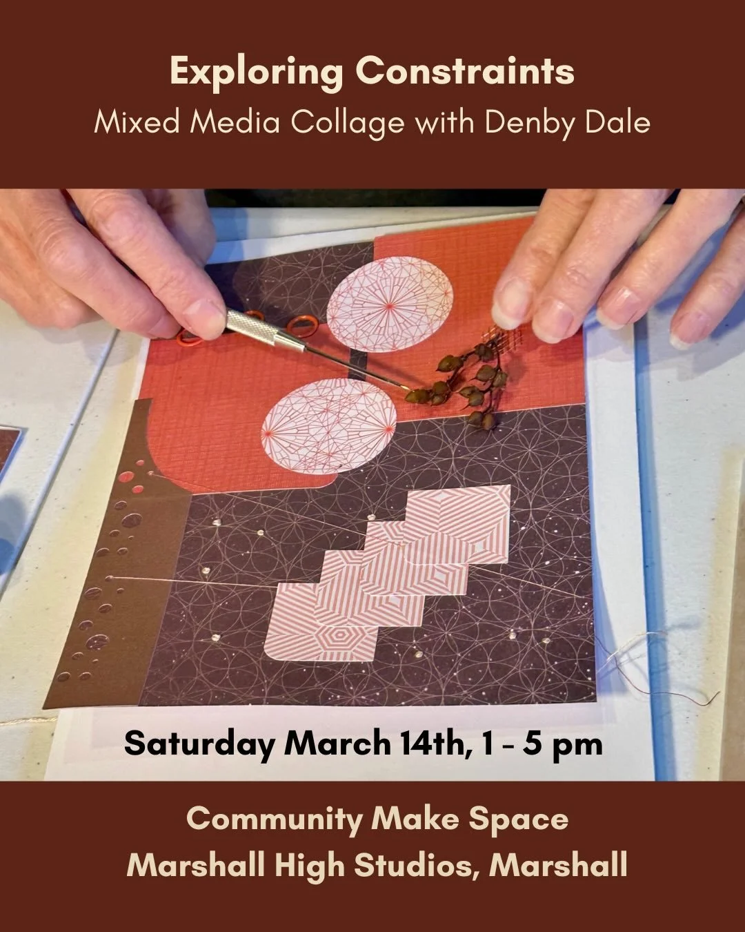 Exploring Constraints: Mixed Media Collage with Denby Dale

When: Saturday March 14th, 1 - 5 pm

Because limitation is in fact the stepping stone to discovery!&nbsp;

This workshop considers how constraints and the element of surprise can simultaneou