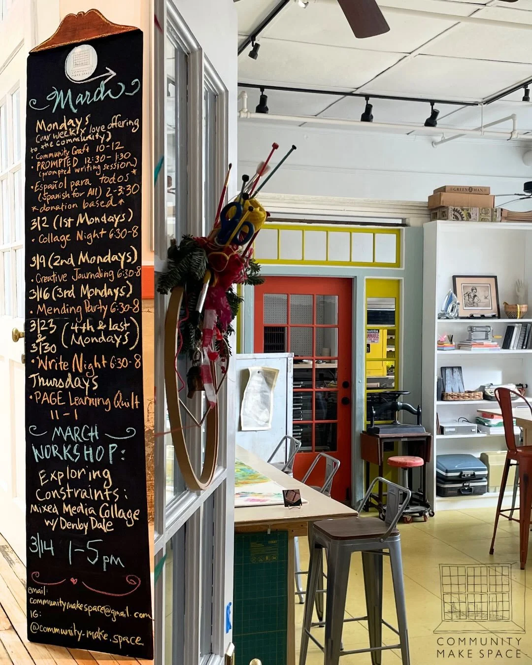 Our next workshop:

Exploring Constraints: Mixed Media Collage with Denby Dale, meets on March 14 from 1-5pm.

We&rsquo;re also delighted to host the PAGE Learning Quilt every Thursday from | lam-pm.

Our Monday community class schedule now extends i