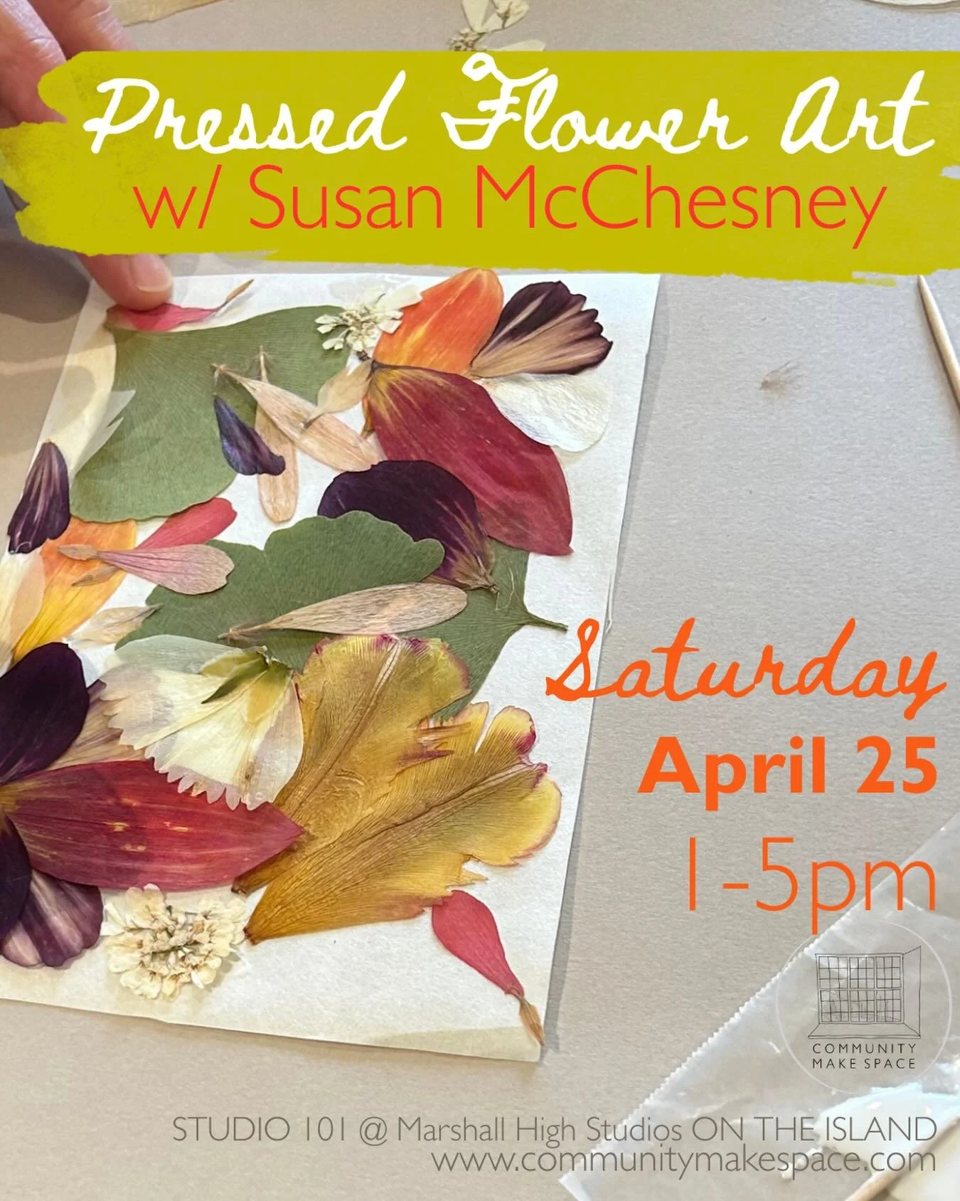 Hello, spring!

Experience a contemporary interpretation of Oshibana, the Japanese tradition of creating art with pressed plant material. 

In this hands-on class, Susan will teach us the techniques and tricks of working with flowers: pressing and un