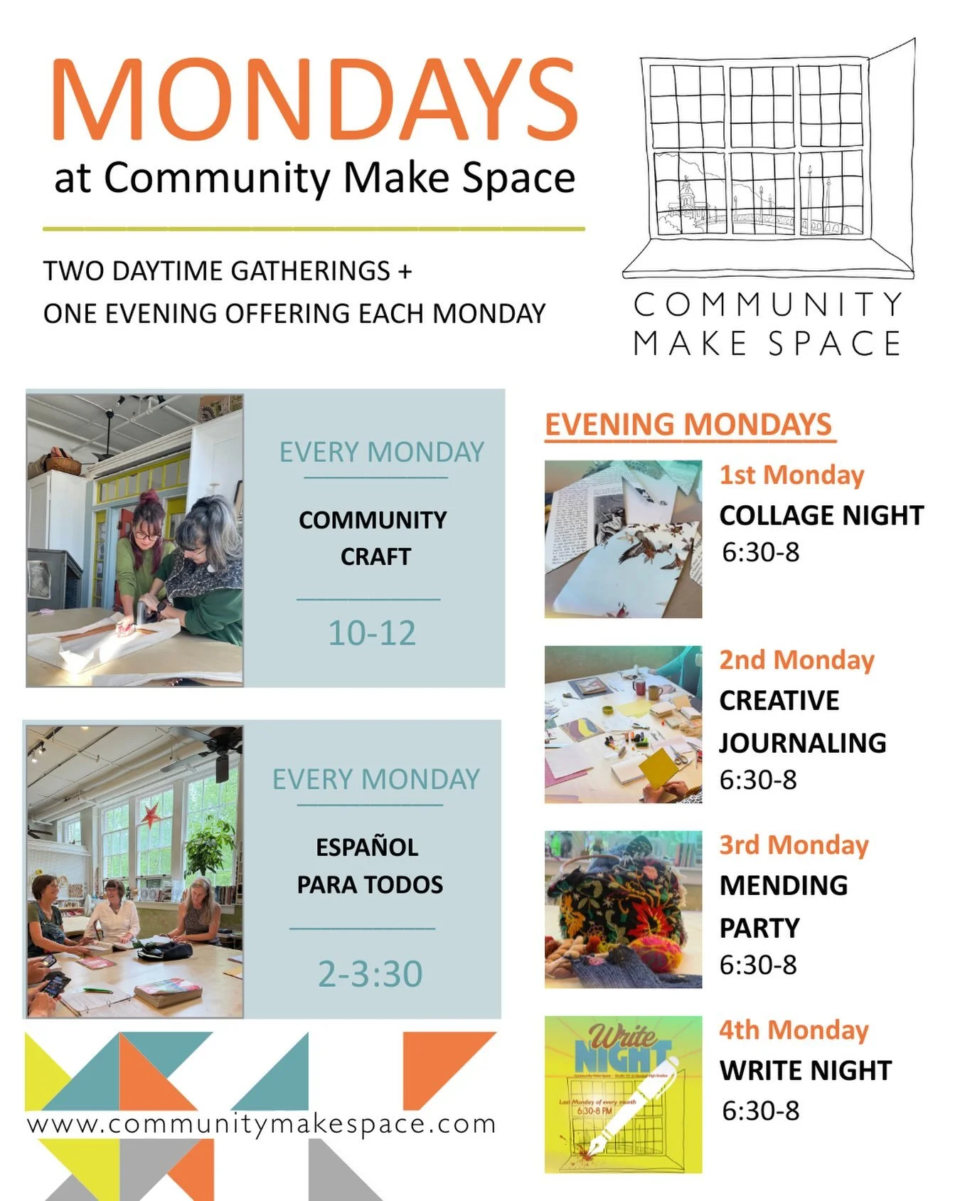 MONDAYS at Community Make Space 

Mondays are our weekly invitation to begin the week in good company.

We gather around community tables to make things, learn things, write things, mend things, and make a little room for conversation, companionship,