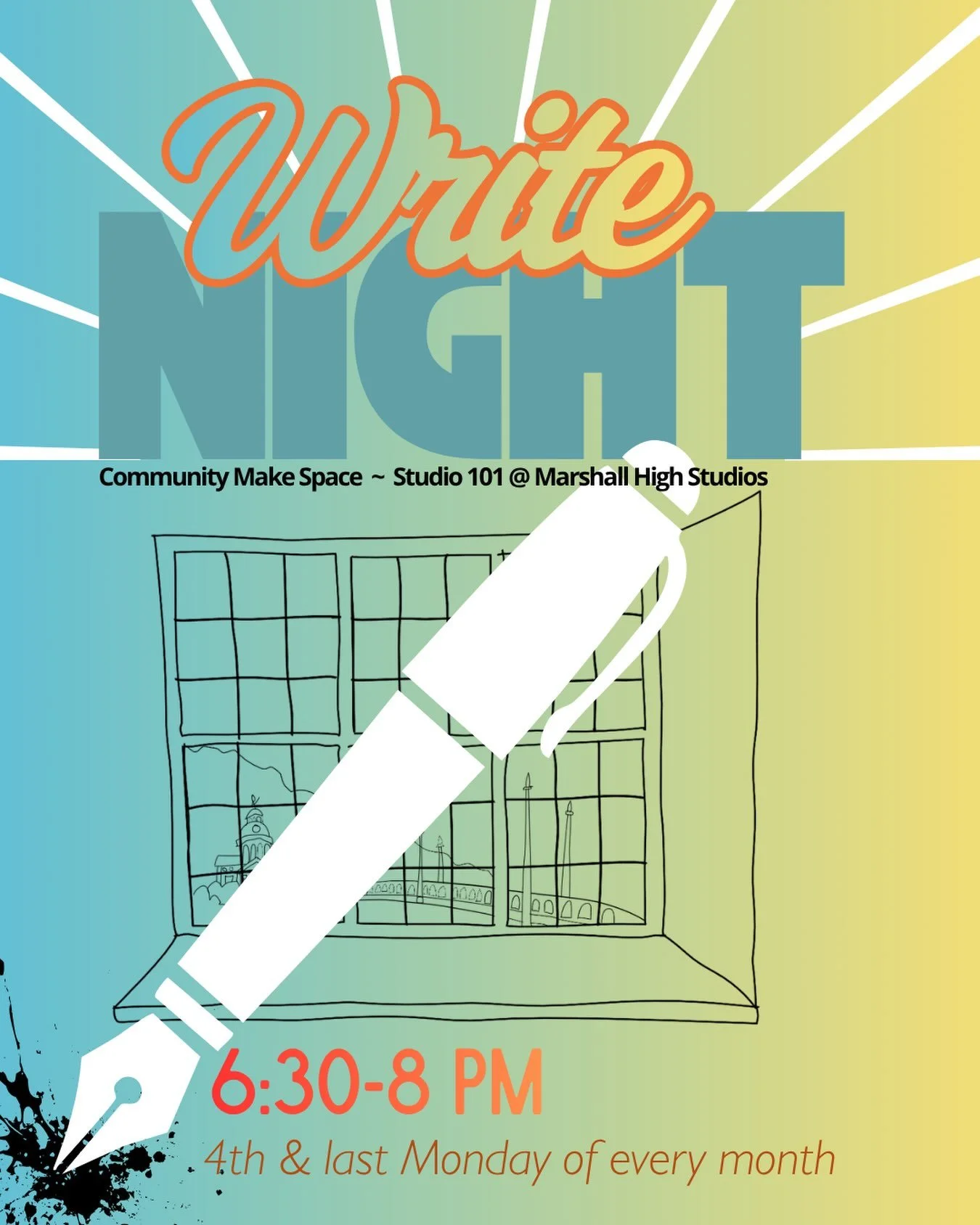 Write Night!

4th &amp; last Monday of every month 

6:30-8 pm

Write Night is a prompted writing session followed by optional pop corn style readings and conversation. It&rsquo;s part of our Community Mondays programming. 

No need to register, just