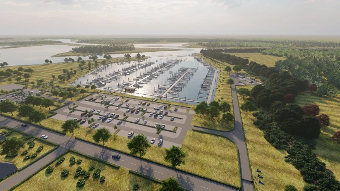 Rendering eines Yacht-Hafens mit Booten, Parkplätzen und umgebender Natur, inklusive Wasserfläche und grünen Wiesen.