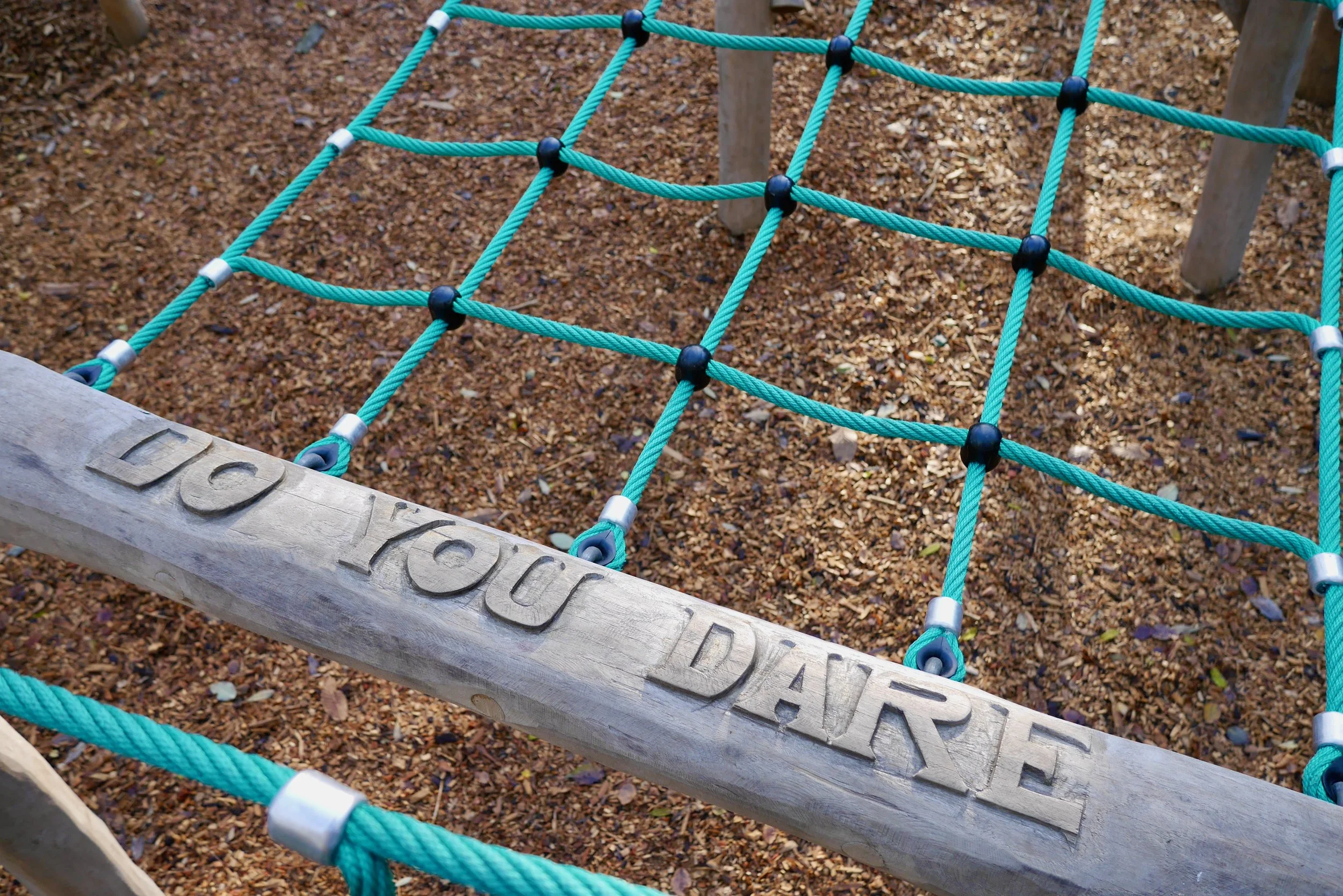 Close-up of a playground climbing net made of blue ropes and black connectors, with a wooden sign that reads 'Do Your Dare' attached at the bottom, against a ground cover of wood chips.