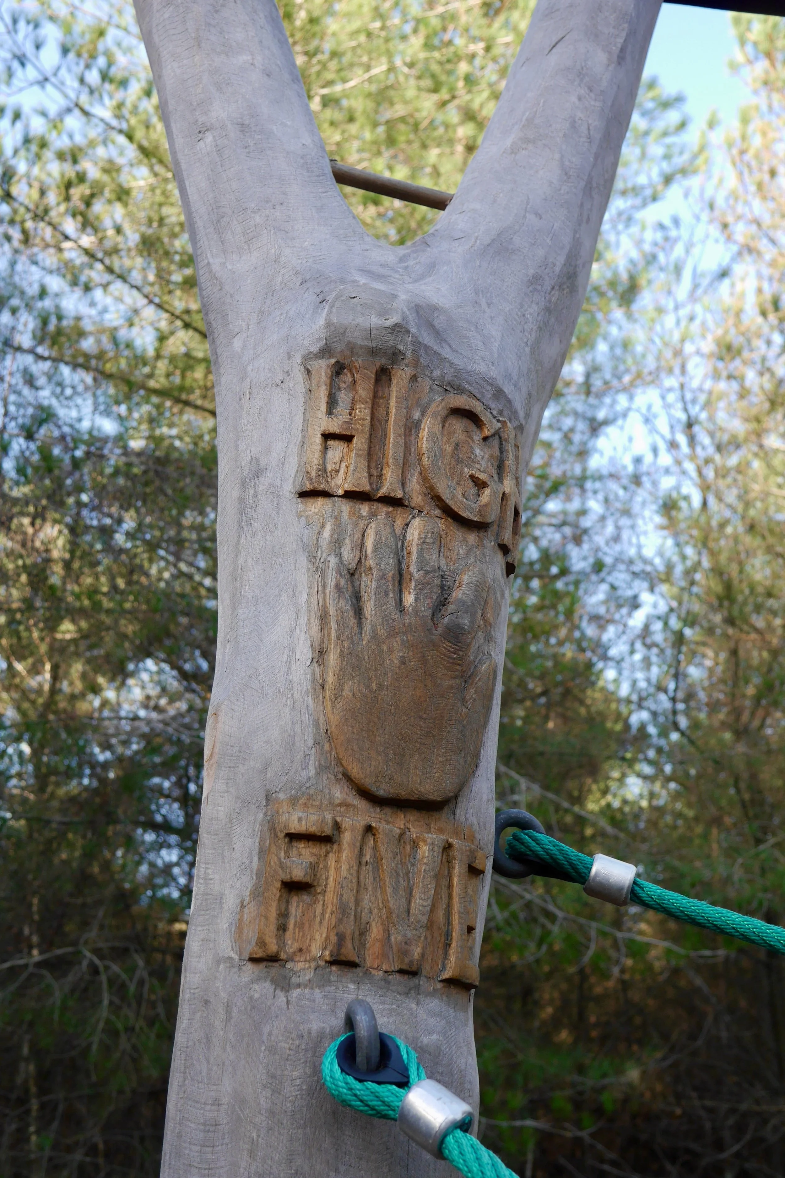 Wooden sign on a tree with carved letters reading 'HIGH FIVE'. The sign is attached to the tree with metal rings and green ropes, and the background shows trees and blue sky.