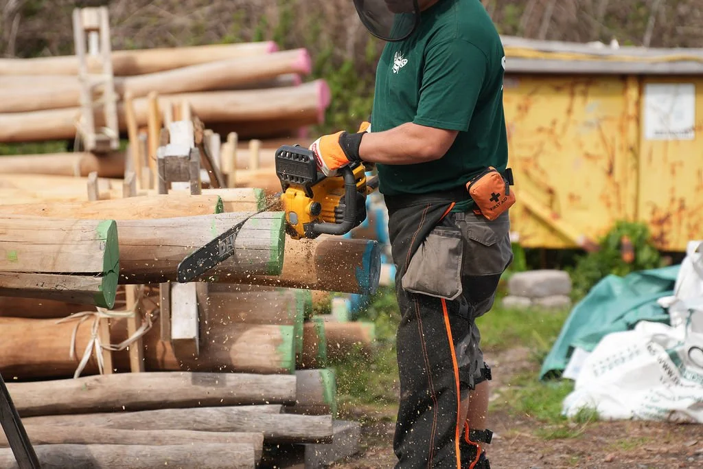 Person cutting logs with a chainsaw at a lumber yard or woodcutting site.