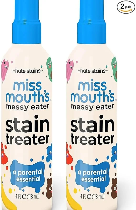 Two bottles of Miss Mouth's Messy Eater Stain Treaters, 4 fl oz (118 mL), with playful colorful cartoon characters on the labels, and a label indicating a 2-pack.