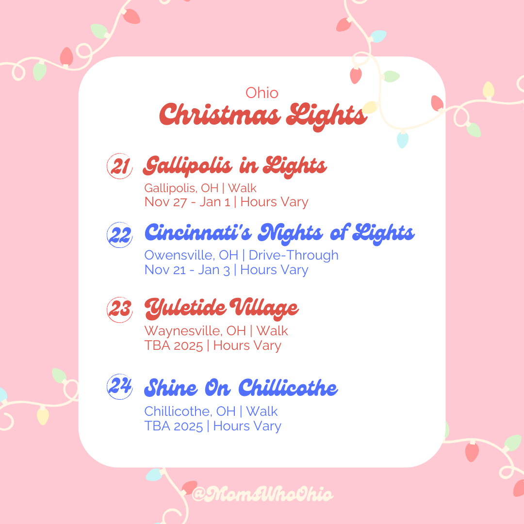 Schedule of Ohio Christmas light events with dates and locations, featuring text in red and blue on a pink background with string lights decoration.