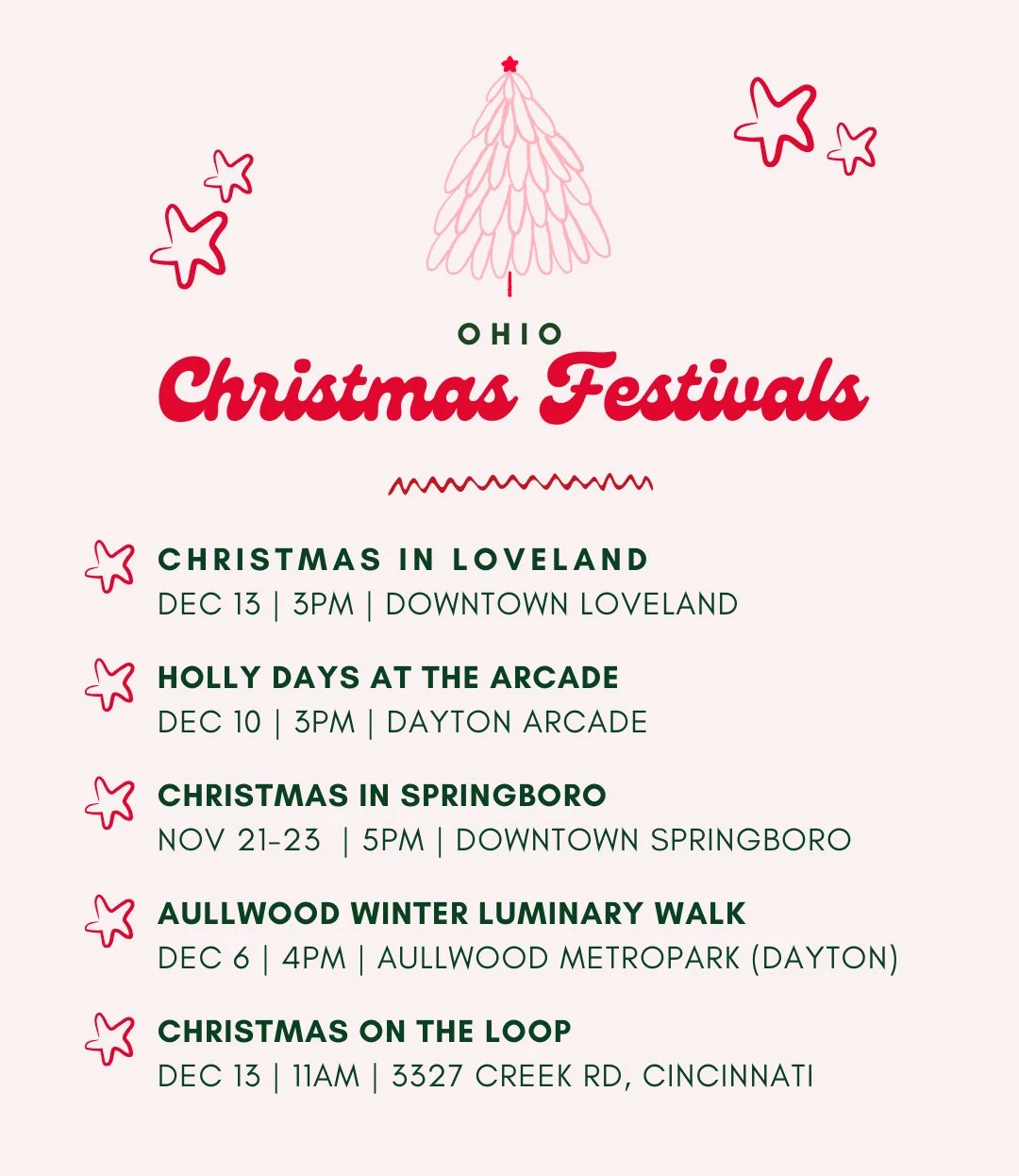 Flyer for Ohio Christmas Festivals with a pink Christmas tree, red stars, and event details for various holiday events in Ohio.