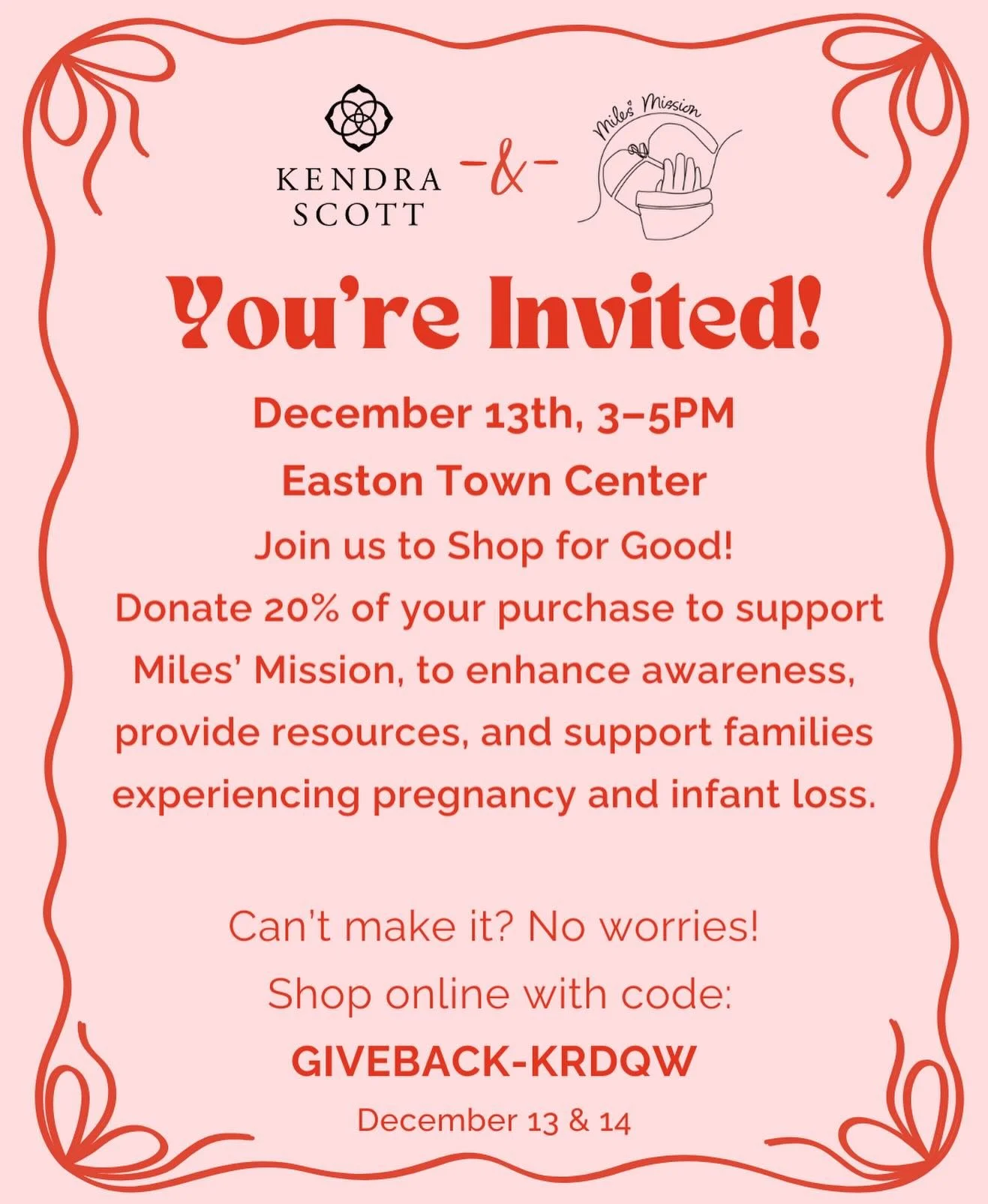 If you&rsquo;re local to Columbus, stop by the @kendrascott Kendra Scott store at Easton Town Center between 3&ndash;5 PM and shop for a beautiful cause. 20% of your purchase will be donated to @milesmission1021 Miles&rsquo; Mission, supporting famil