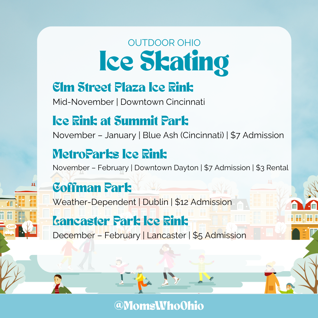 Information about outdoor ice skating events in Ohio, including locations, dates, and admission prices, with a winter village background and children ice skating.