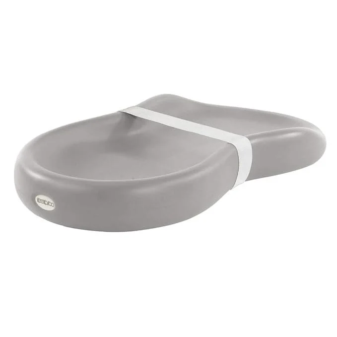 Gray plastic infant bath seat with a white strap for securing a baby during bath time.