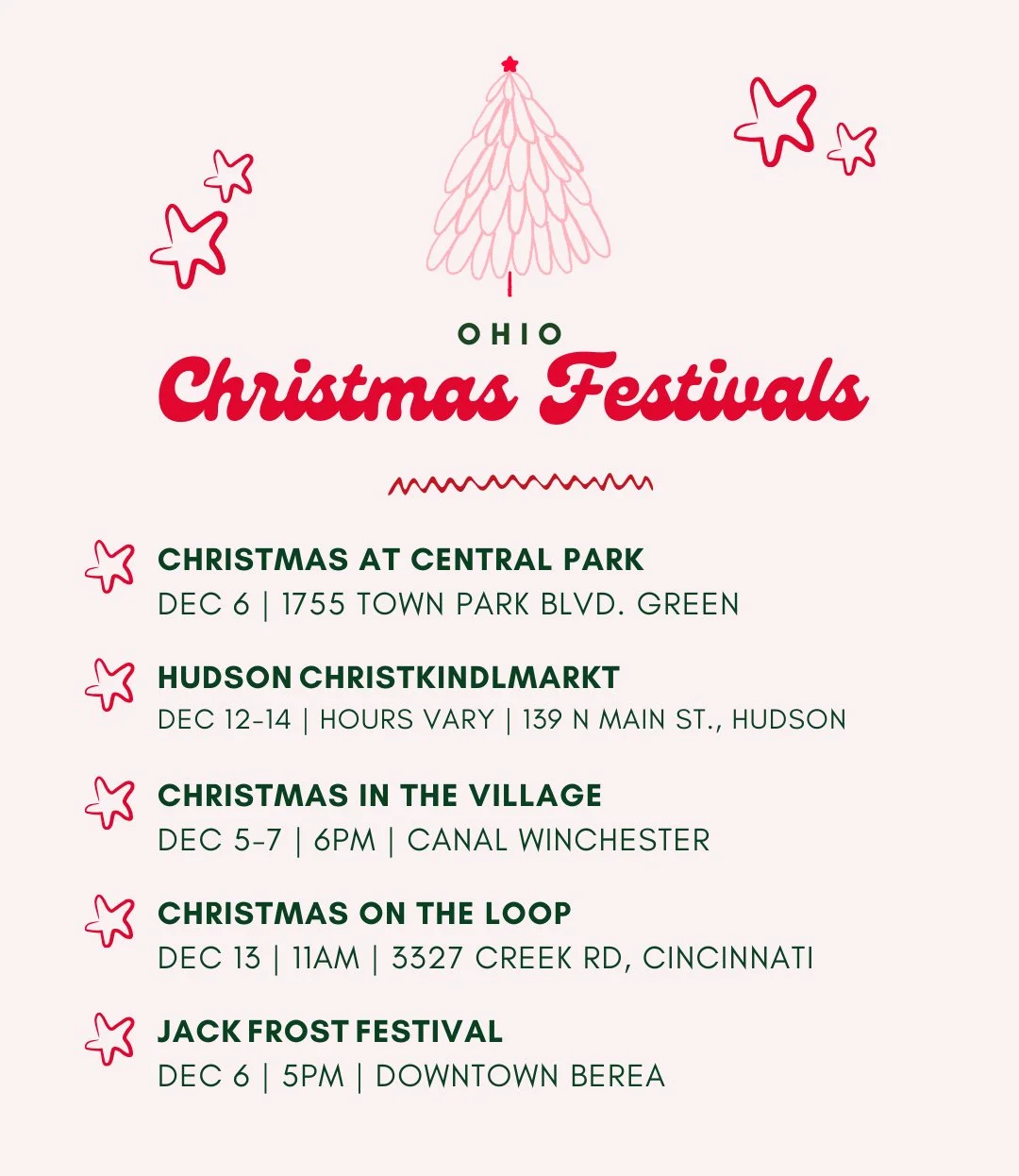 Poster for Ohio Christmas Festivals featuring Christmas events at various locations and dates, decorated with pink Christmas trees and star outlines.