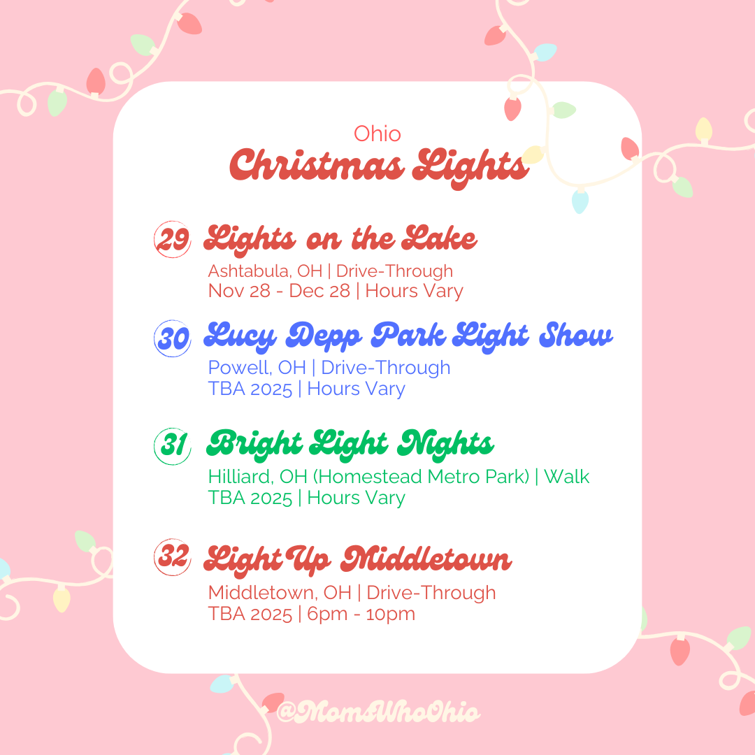 A festive poster with pink background and string lights in pastel colors, listing four holiday light events in Ohio from late November to December 2025, with dates, locations, and times.