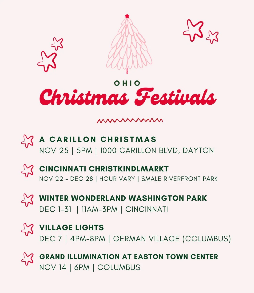 List of Ohio Christmas festivals with dates, times, and locations. Includes a Christmas tree and star decorations.