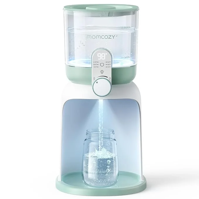 A baby bottle sterilizer with a digital control panel, dispensing sanitized water into a glass jar.