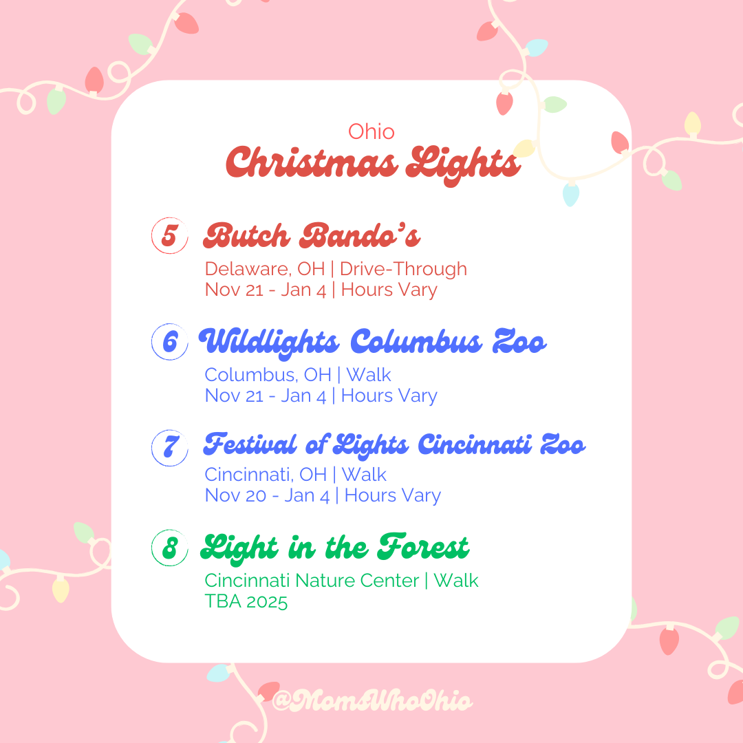 Pink background with string lights and a white rectangle listing Ohio Christmas Lights events, including Butch Banda's drive-through, Wildlights Columbus Zoo walk, Festival of Lights Cincinnati Zoo walk, and Light in the Forest at Cincinnati Nature C