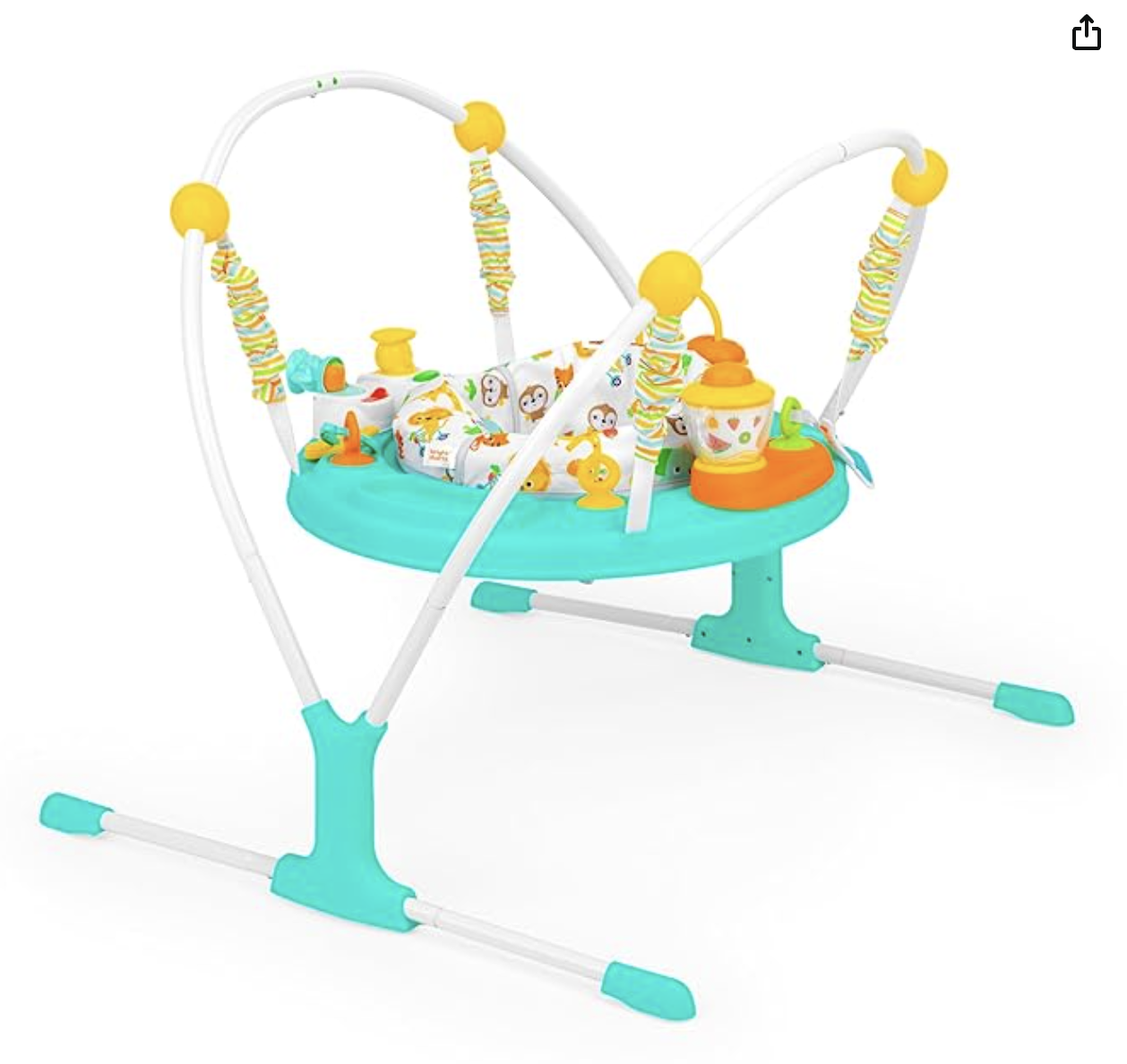 Colorful baby jumper with animal and ocean themed patterns, featuring white, blue, yellow, and orange colors, with attached toys and a sturdy frame.