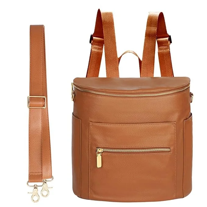A tan leather backpack with adjustable straps and a front zipper pocket.