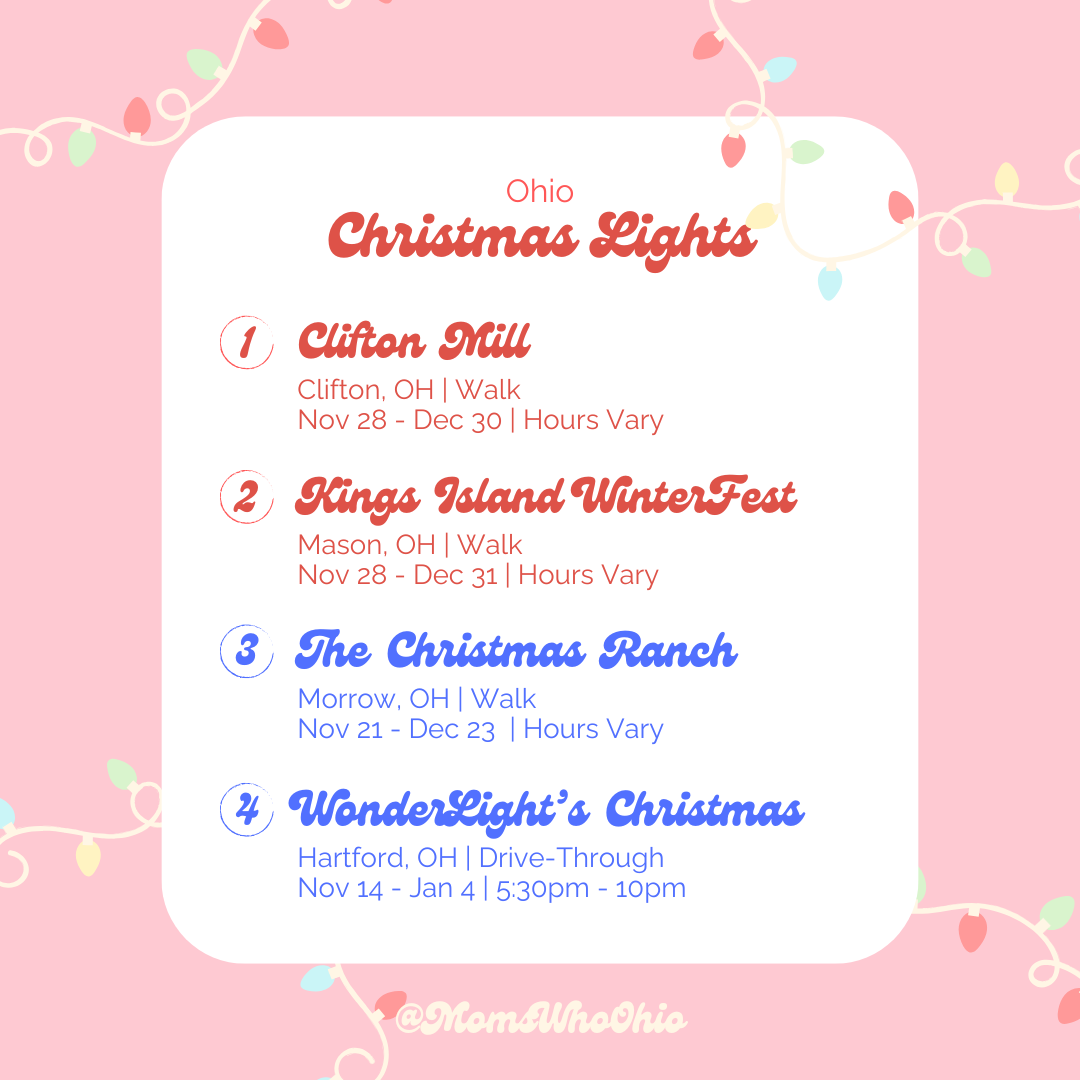 List of Ohio Christmas light events, including locations, dates, and times, with decorative Christmas lights border on pink background.