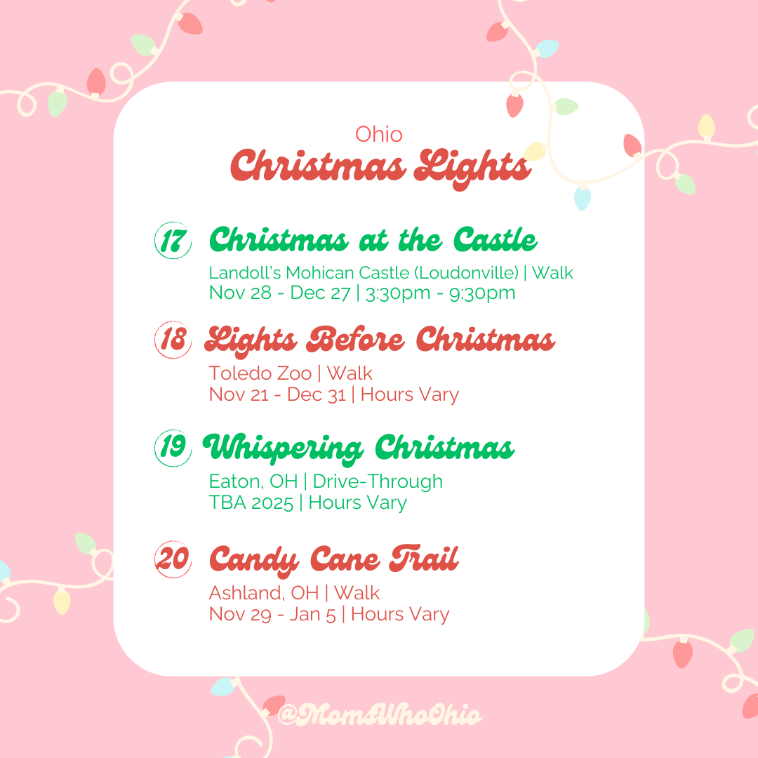 A schedule of Ohio Christmas Lights events with dates and locations, decorated with string lights on a pink background.