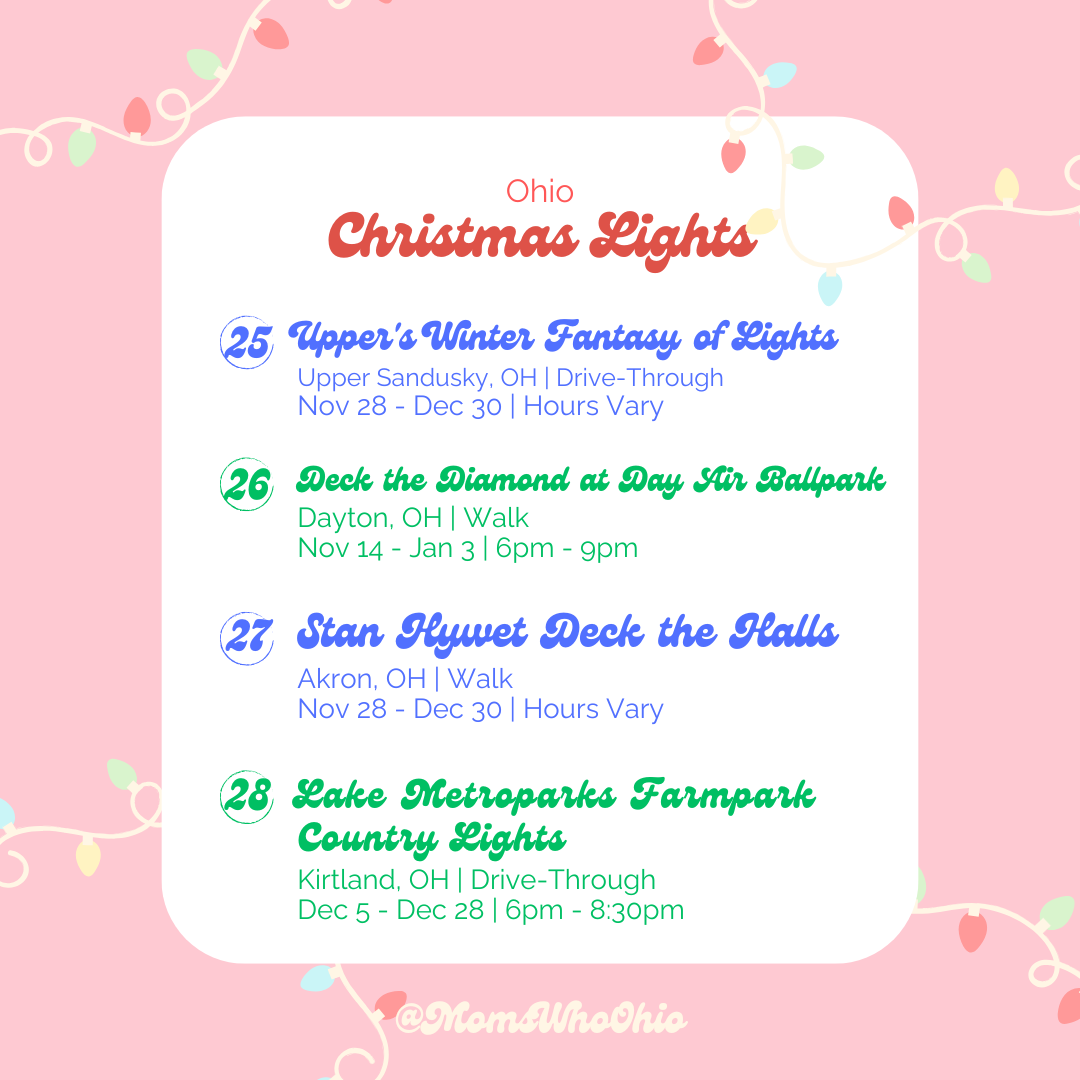 Schedule of Ohio Christmas light events with dates, locations, and times, on a pink background with Christmas light illustrations.