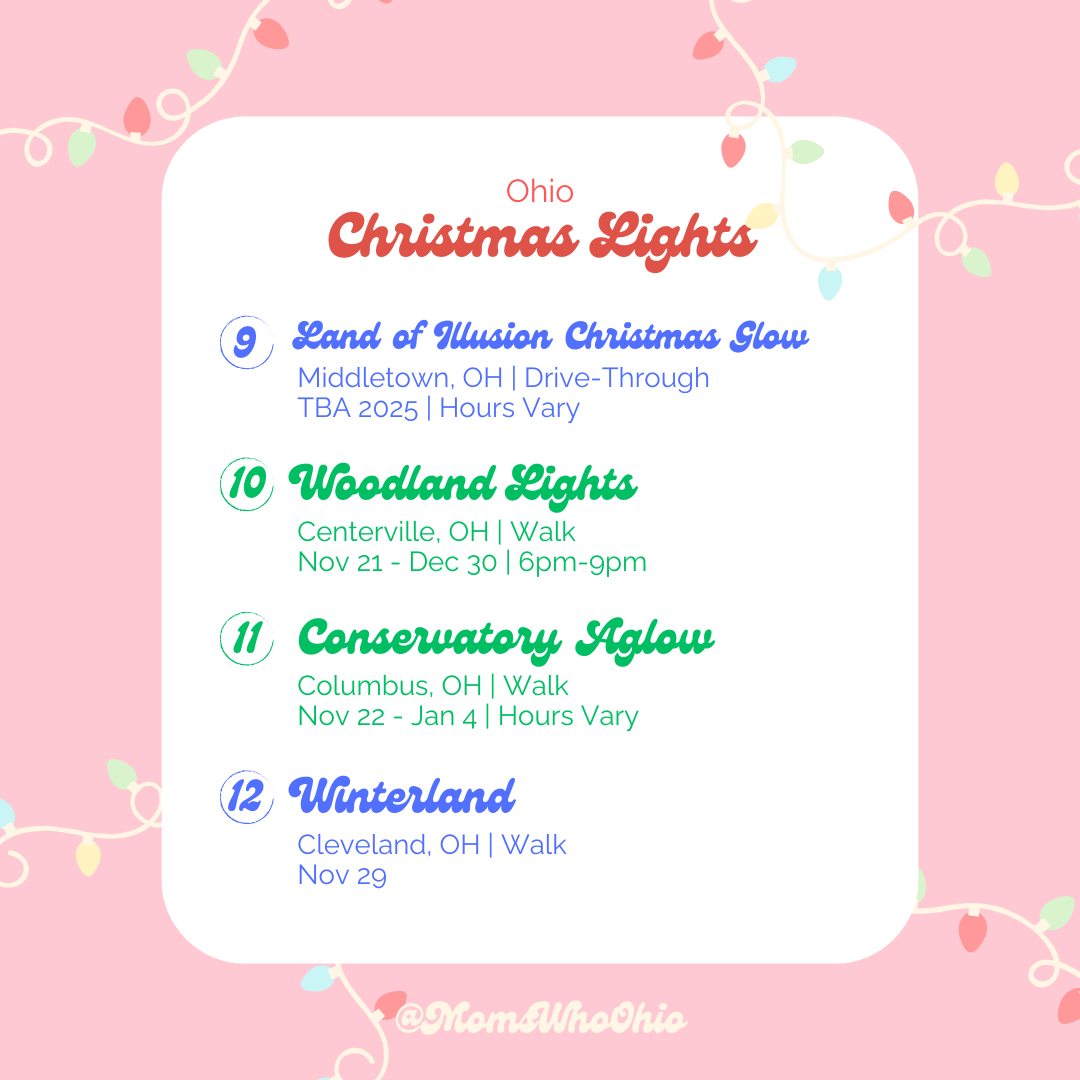 Pink Christmas lights event poster for Ohio with a list of locations and dates, decorated with pastel string lights.