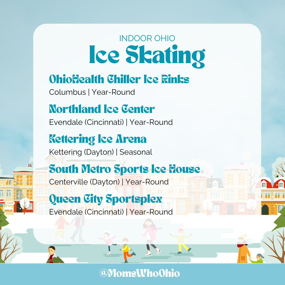 List of indoor ice skating rinks in Ohio, including OhioHealth Chiller Ice Sinks in Columbus, Northland Ice Center in Evendale, Kettering Ice Arena, South Metro Sports Ice House in Centerville, and Queen City Sportsplex in Evendale.