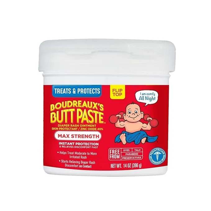 Container of Boudreaux's Butt Paste diaper rash ointment with a cartoon baby on the label