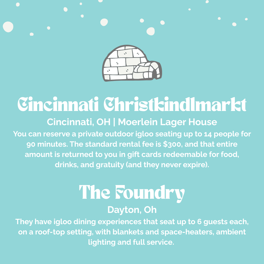 Information about Cincinnati Christkindlmarkt in Cincinnati, Ohio, at Moerlein Lager House, offering outdoor igloo seating for up to 14 people with a rental fee of $300 that is redeemable for food, drinks, and gratuity. Also about The Foundry in Dayt