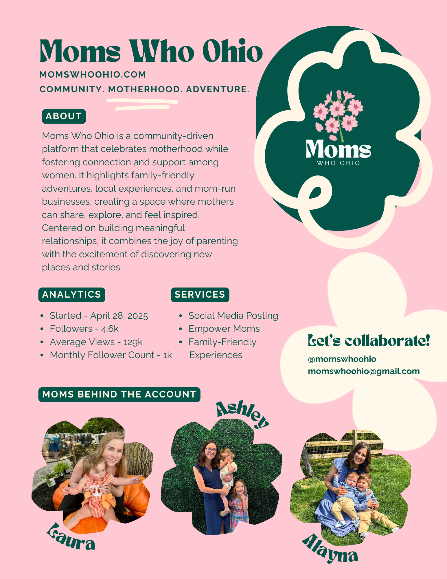 Flyer for Moms Who Ohio community platform with logo, text, and photos of three moms with children.